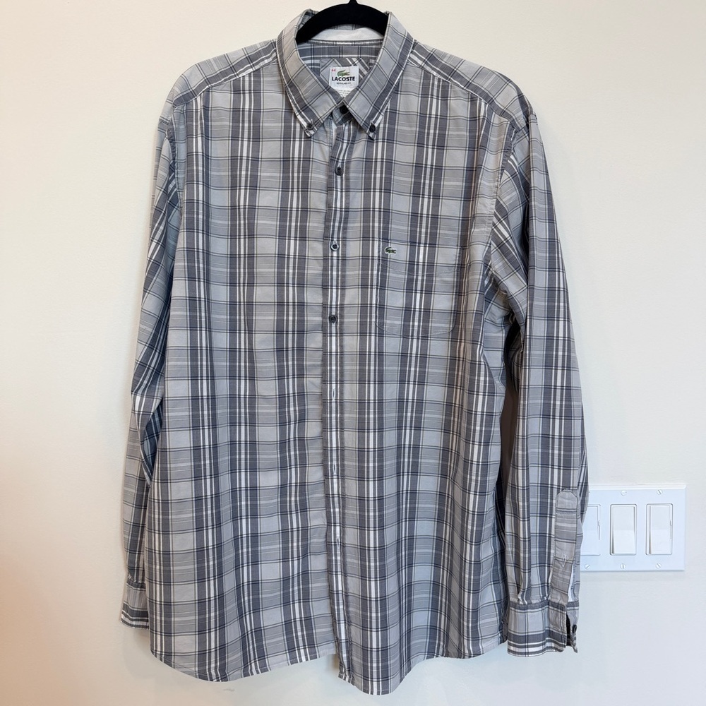 Lacoste Gray White Plaid Mens Shirt 44 Long Sleeve Regular Fit